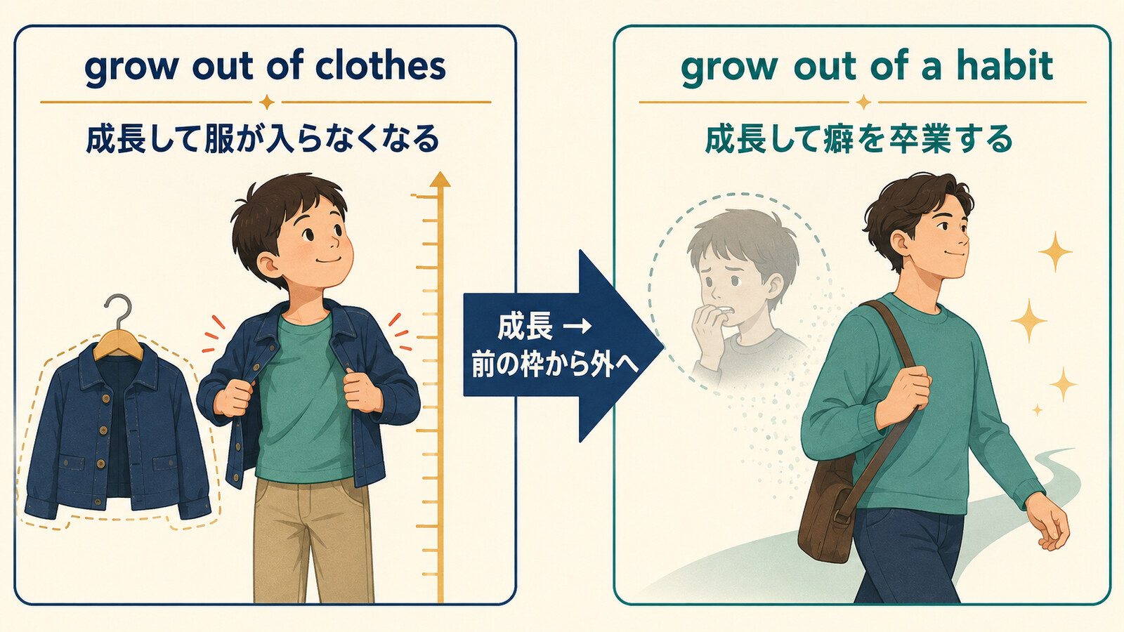 grow out of clothesとgrow out of a habitの物理・比喩用法を示す解説イラスト