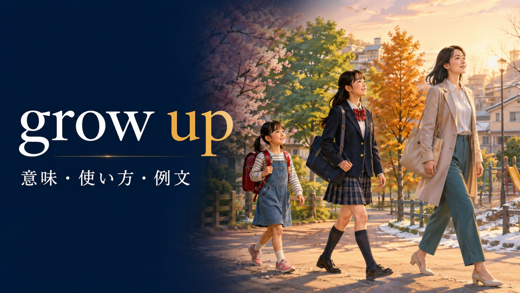 grow upの意味・使い方・例文を子どもから大人への成長で示す画像
