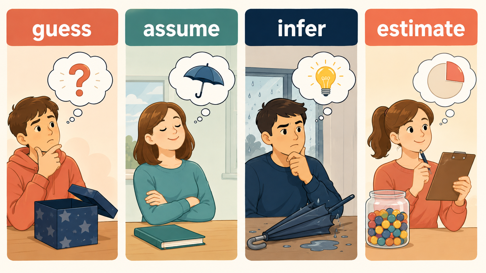 guess、assume、infer、estimateの違いを示す比較イラスト