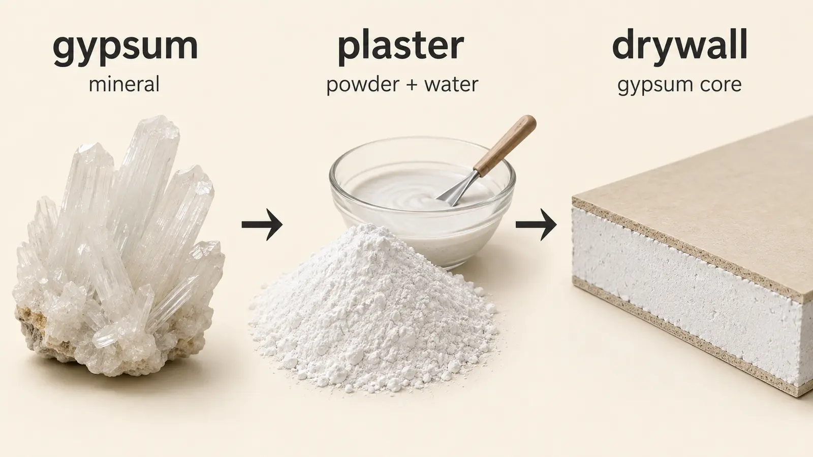 鉱物gypsumからplasterとdrywallへの関係を示す英語解説画像