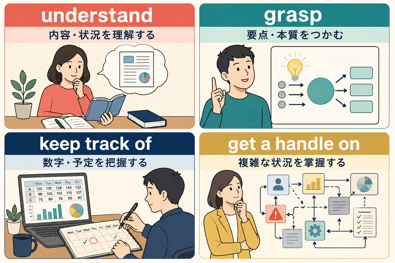 understand・grasp・keep track of・get a handle onの違い