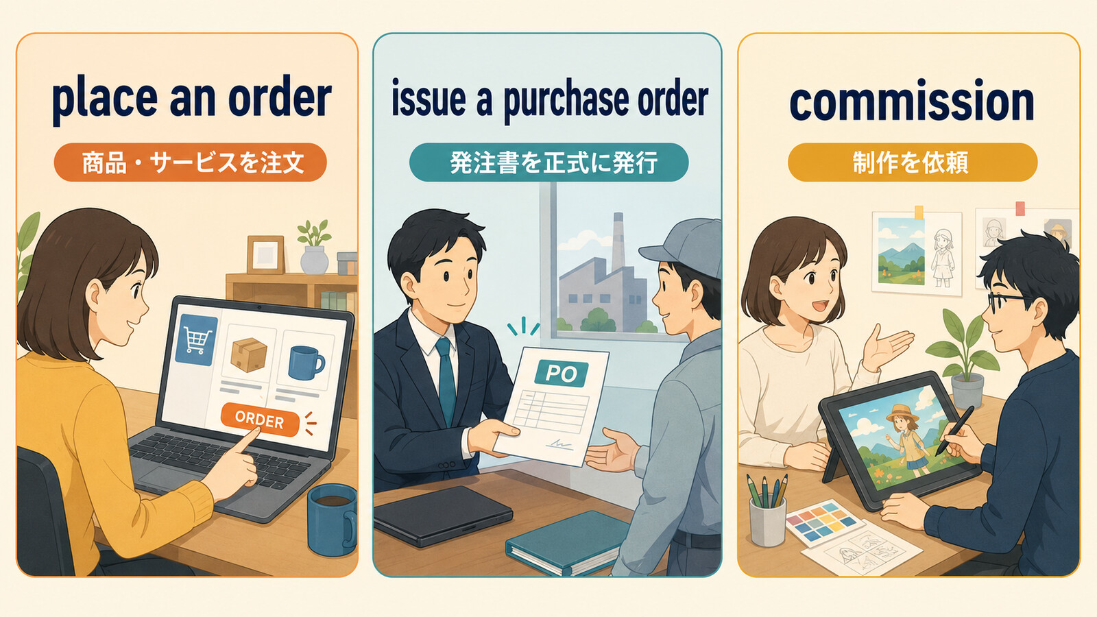 place an order、issue a purchase order、commissionの違いを示すイラスト