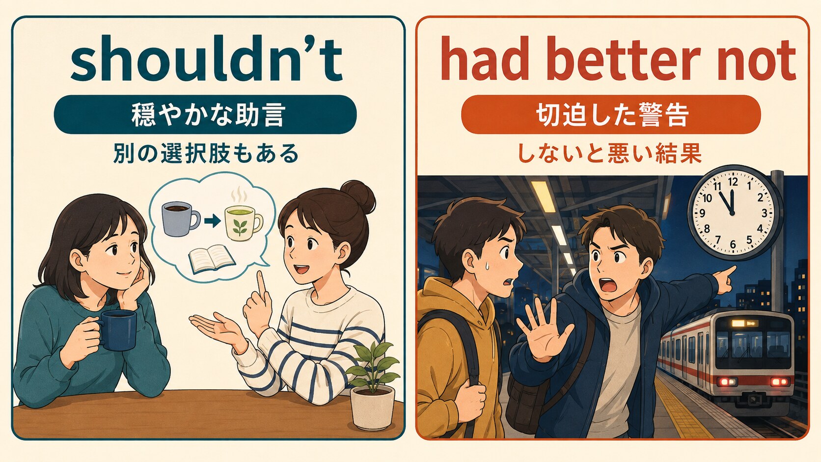 shouldn'tは穏やかな助言、had better notは悪い結果を避ける切迫した警告という違い
