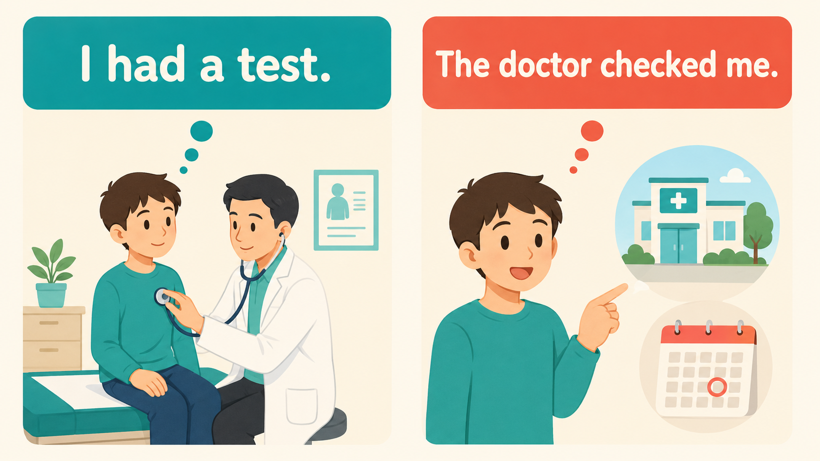 I had a test.とThe doctor checked me.の簡単な言い換え図解