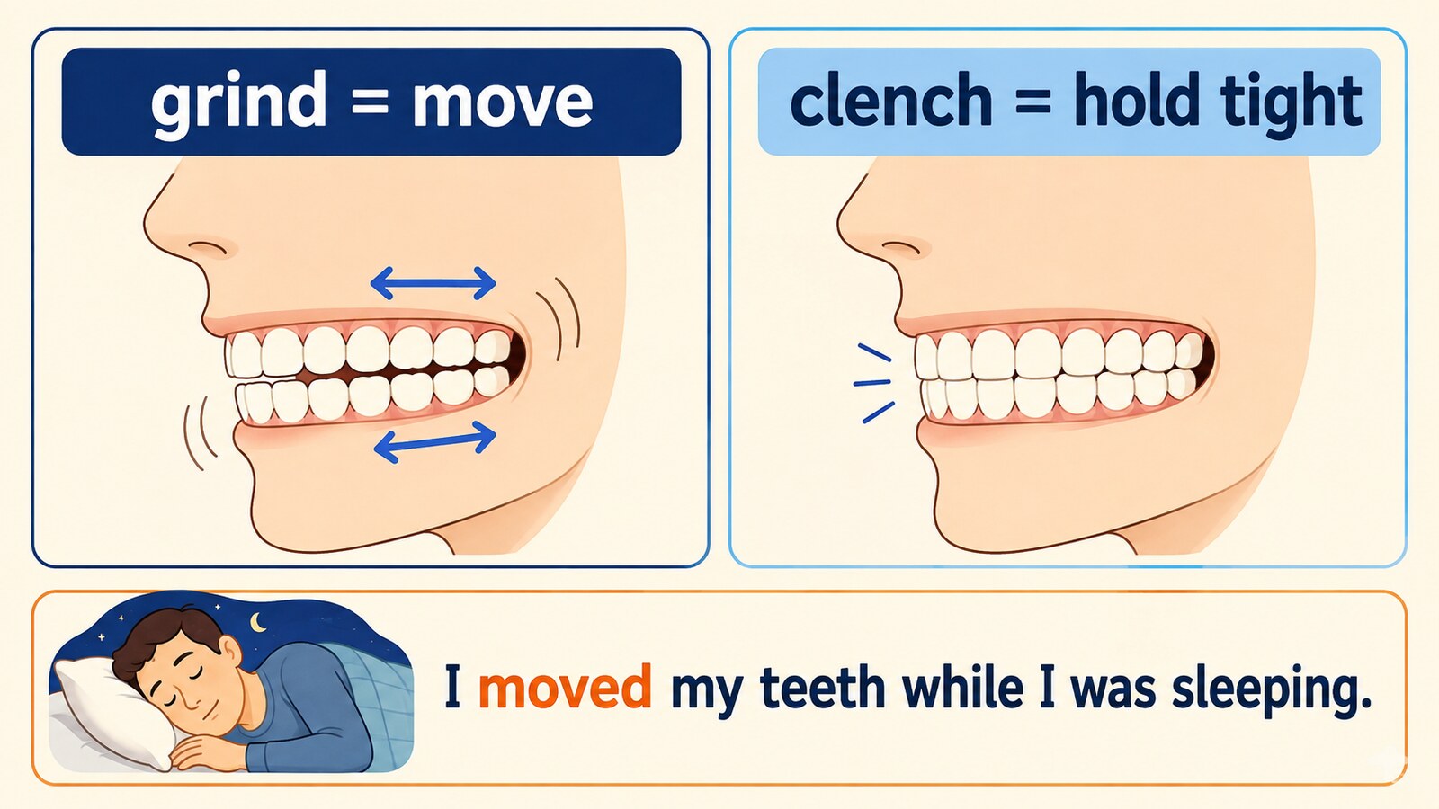 歯を動かすgrindと強く噛み締めるclenchの違いを示す解説図