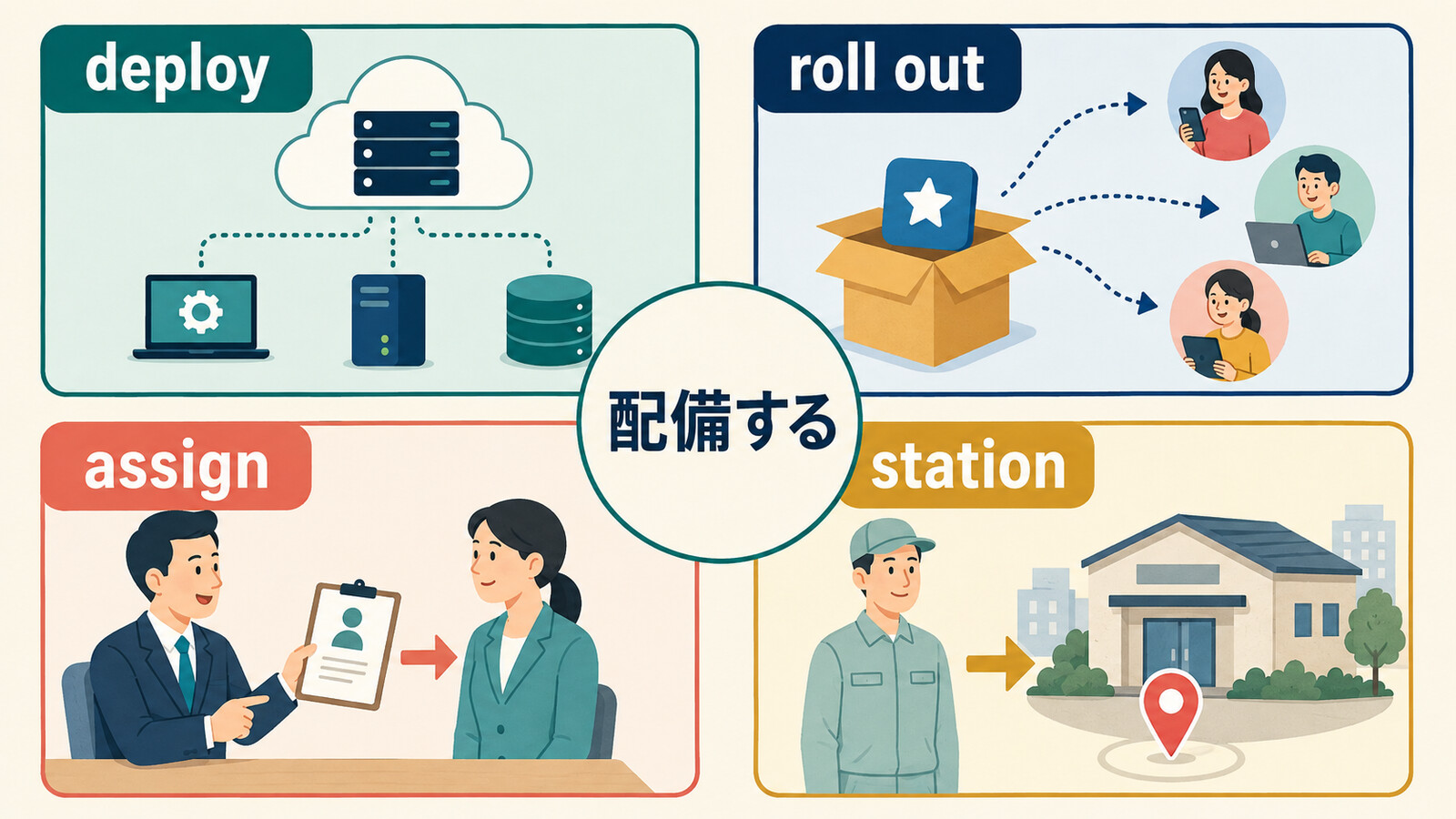 配備するをdeploy・roll out・assign・stationに分けた図