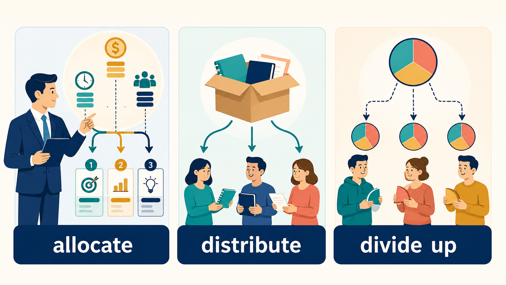 allocate、distribute、divide upの違いを示す図