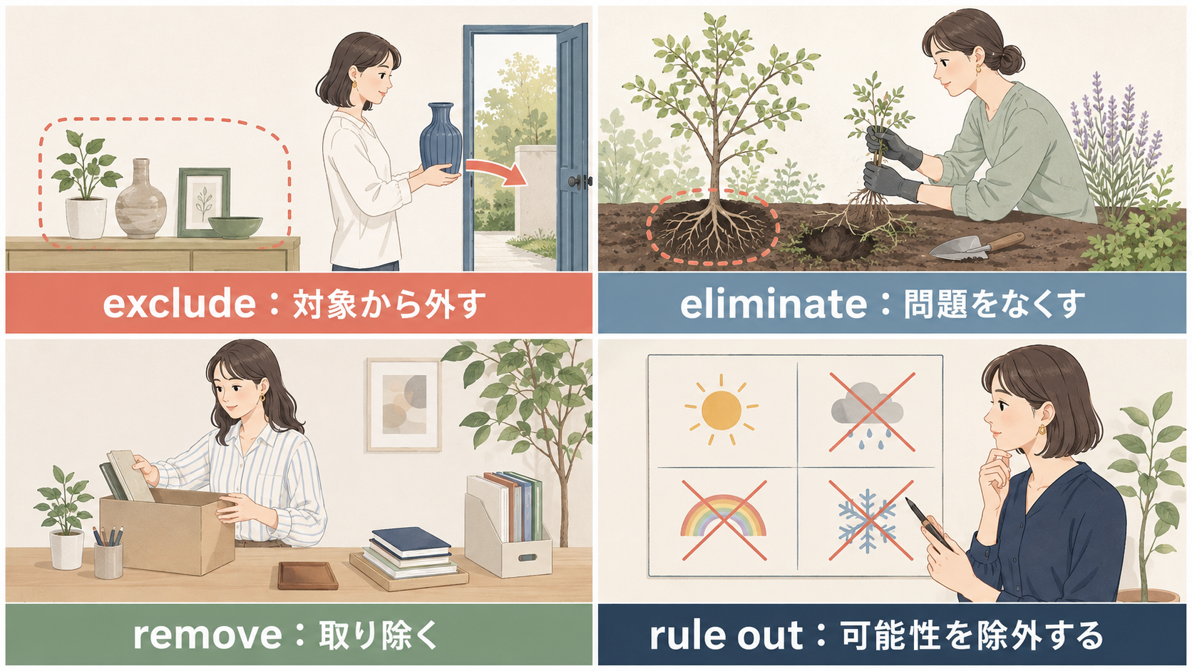exclude・eliminate・remove・rule outの意味を4場面で比較