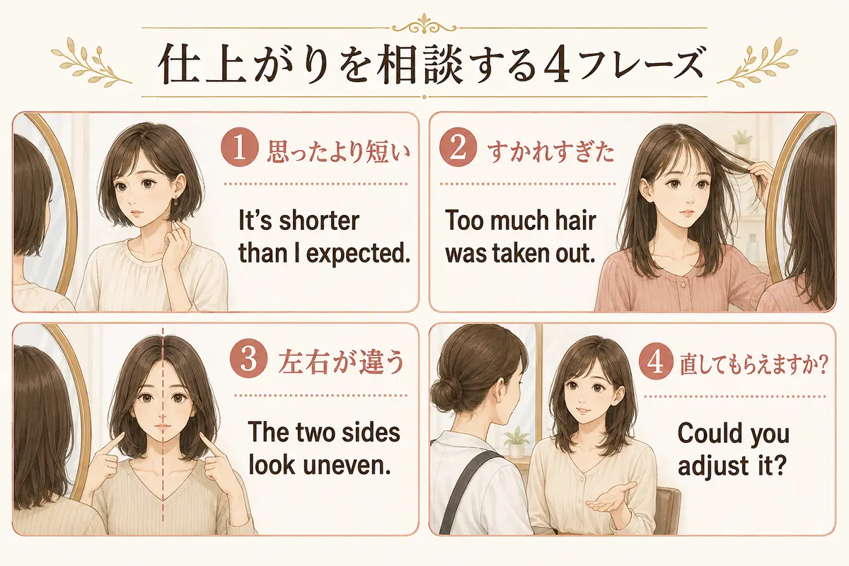 短すぎる・すかれすぎた・左右が違う・直してほしいを伝える英語の図解