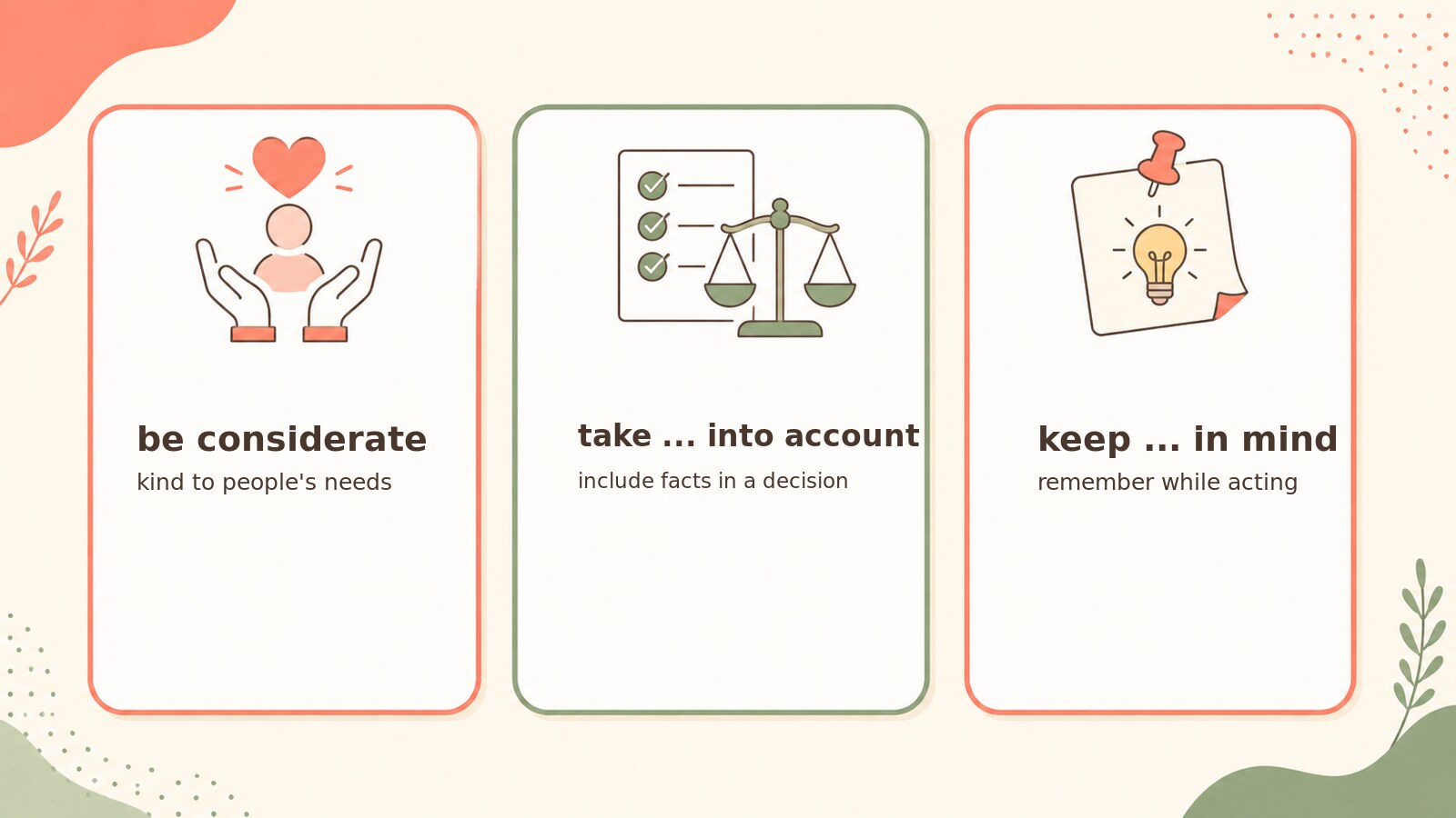 be considerate・take into account・keep in mindの使い分け図