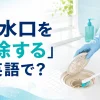 浴室の排水口をブラシで掃除する人と「排水口を掃除するは英語で？」の文字