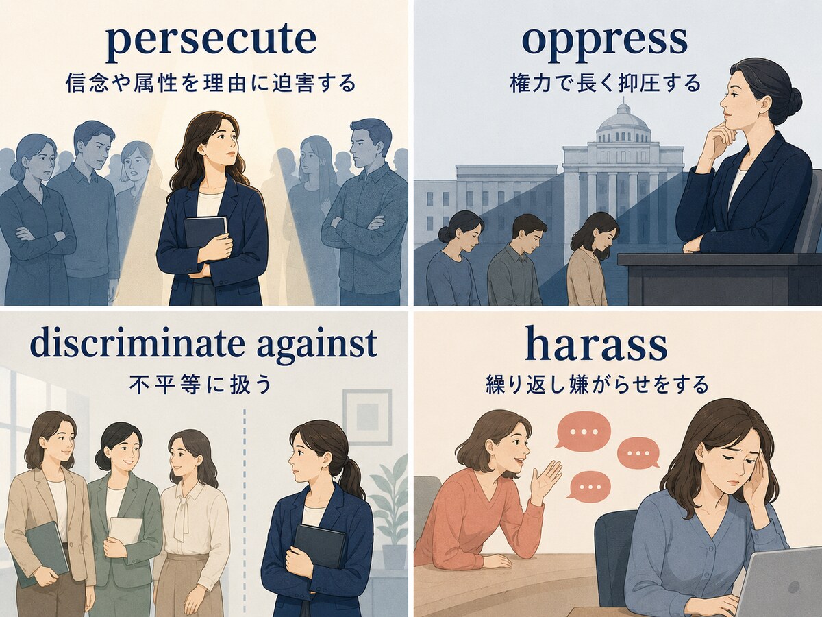 persecute・oppress・discriminate against・harassの使い分け比較