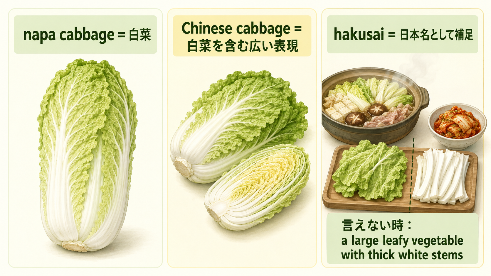 napa cabbage、Chinese cabbage、hakusaiの違いと白菜の簡単な言い換え