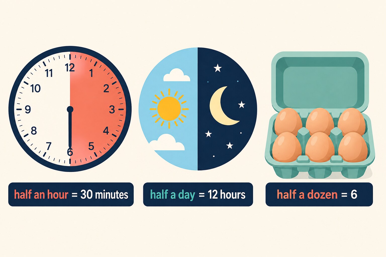 half an hour、half a day、half a dozenの意味を示す図