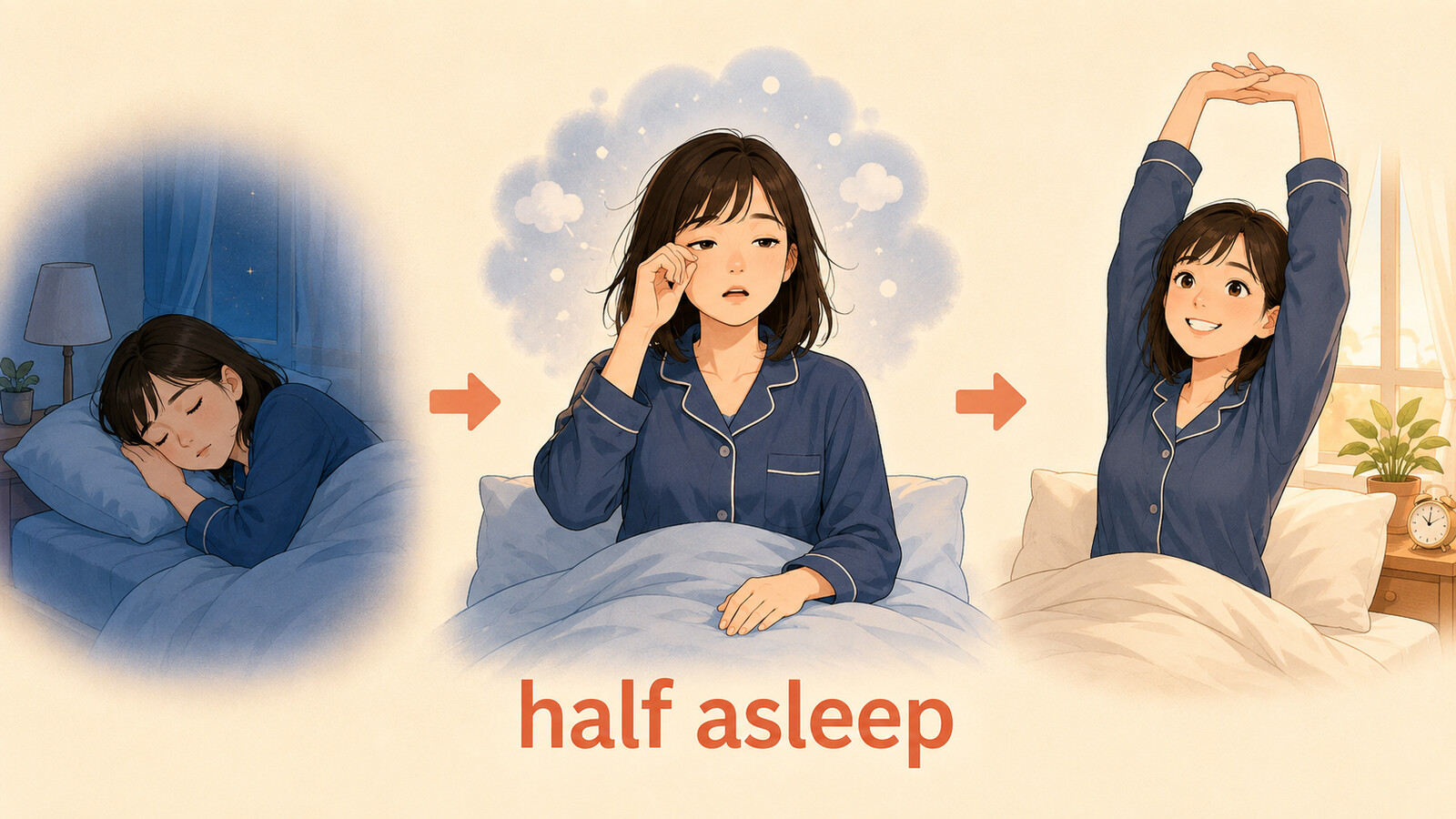 眠っている状態からhalf asleepを経て完全に目が覚めるまでの変化