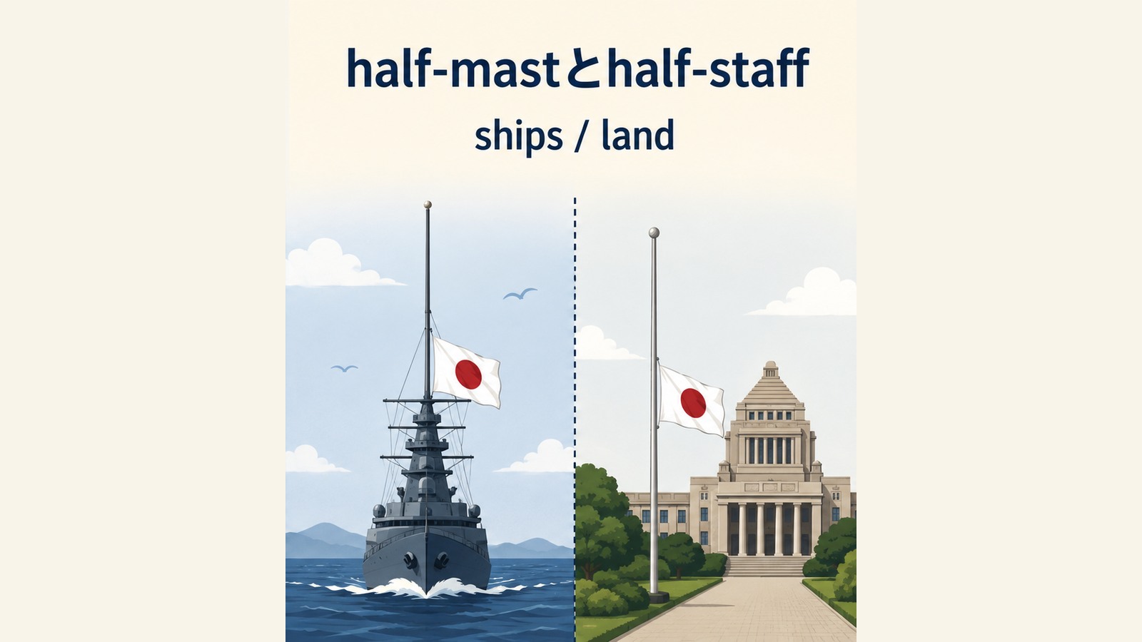 半旗の英語表現と使い分けを説明するイラスト