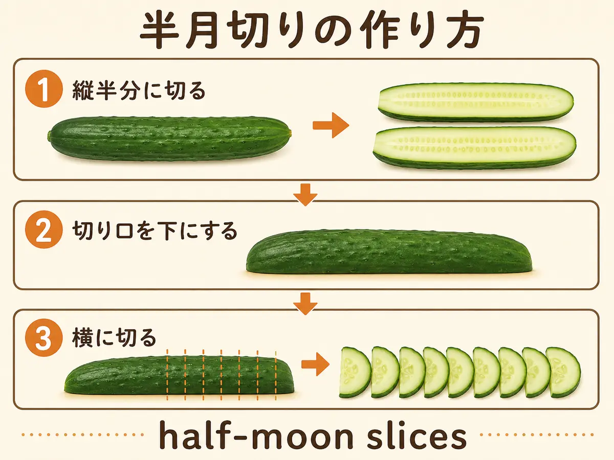 きゅうりを縦半分にして横へ切る半月切りの手順