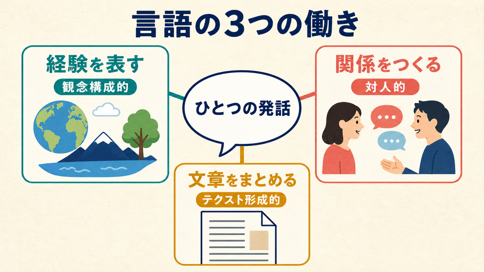 経験を表す・関係をつくる・文章をまとめるという言語の3つの働きの図