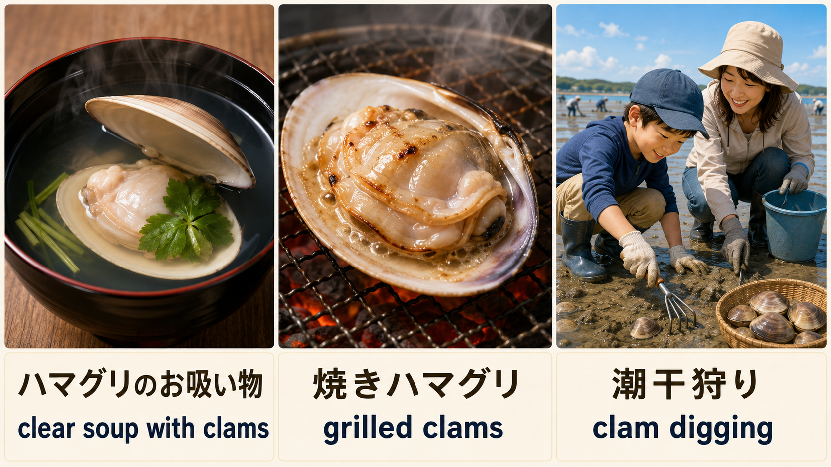 ハマグリのお吸い物、焼きハマグリ、潮干狩りの英語表現図解