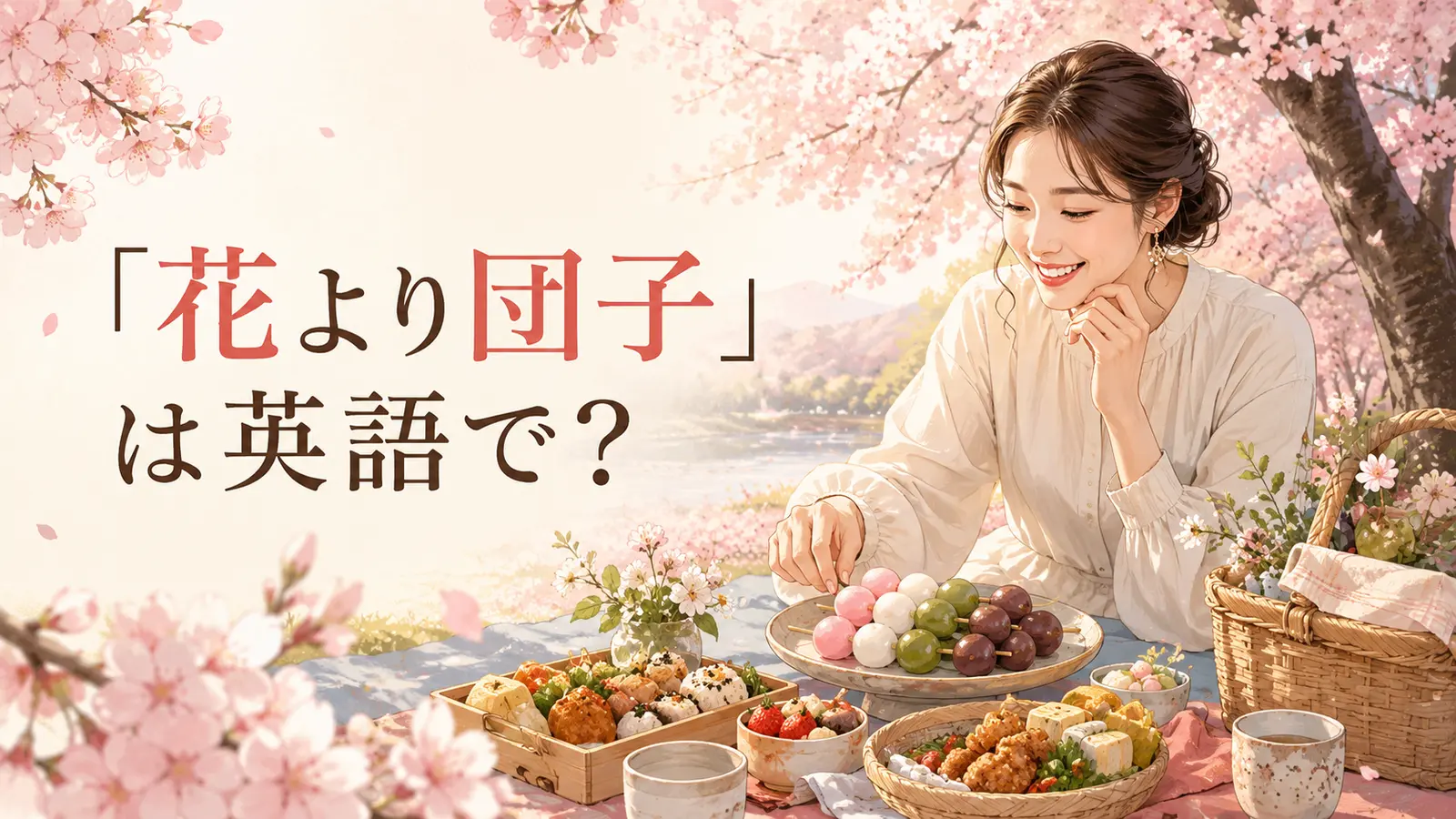 「花より団子」は英語で?という検索意図を表した春の英語学習アイキャッチ