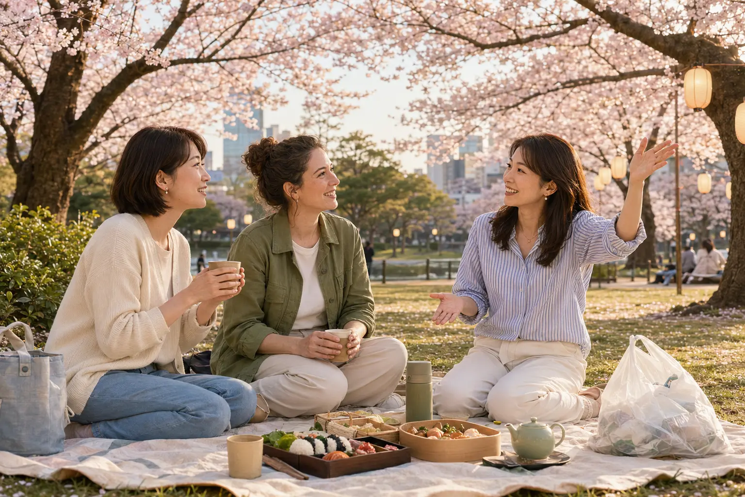 桜の下で外国人の友達に花見文化を説明する大人の女性たち