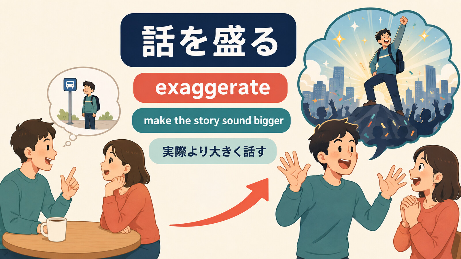 話を盛るをmake the story sound biggerと簡単な英語で説明する図