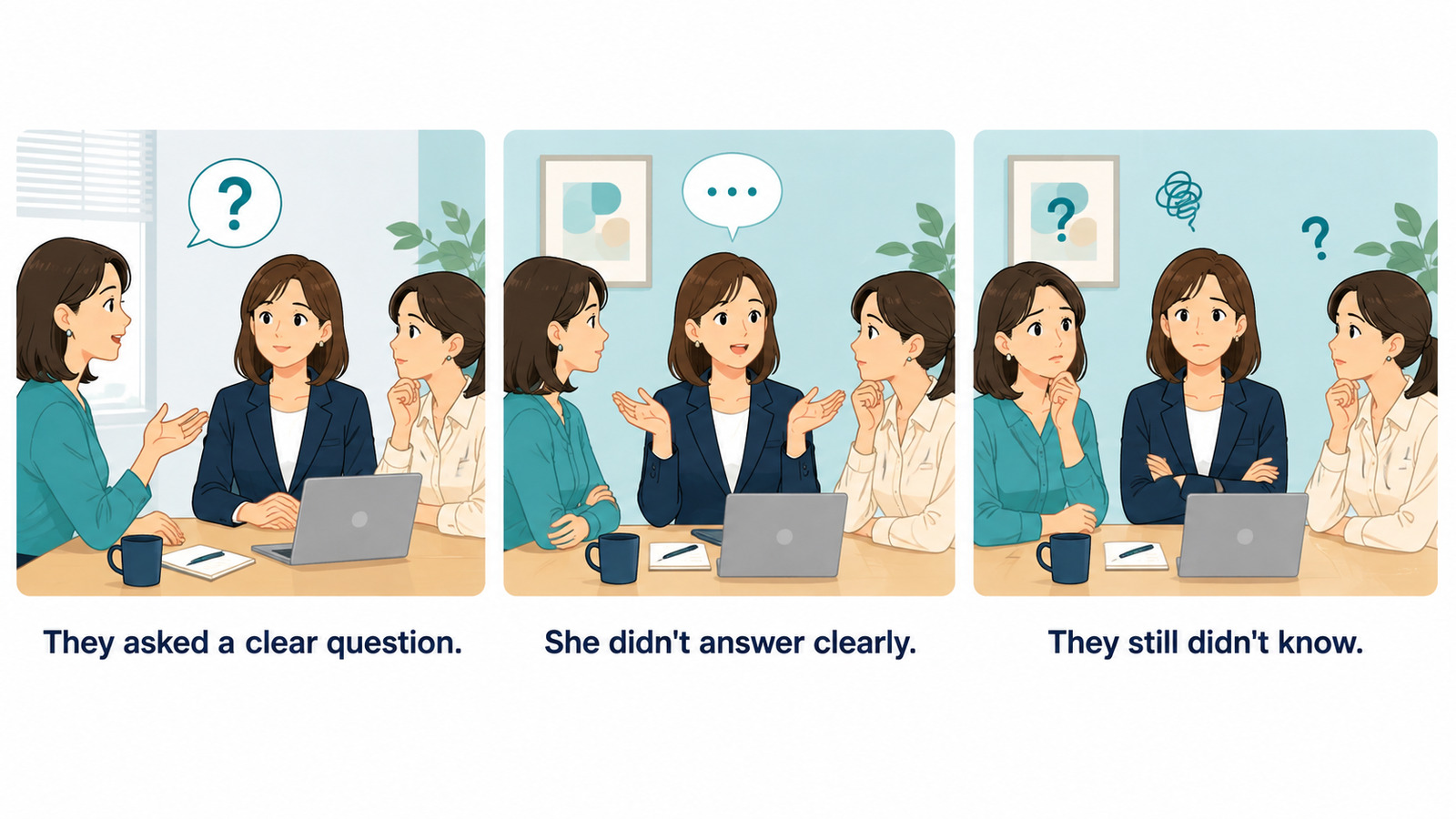 話を濁すをThey asked a clear questionなど簡単な英語に分解した図