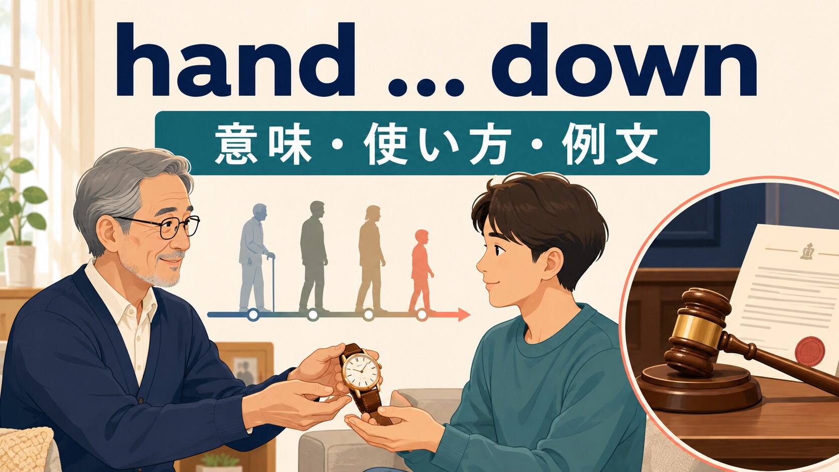 hand downの意味は？「受け継がせる・判決を下す」の使い方と例文