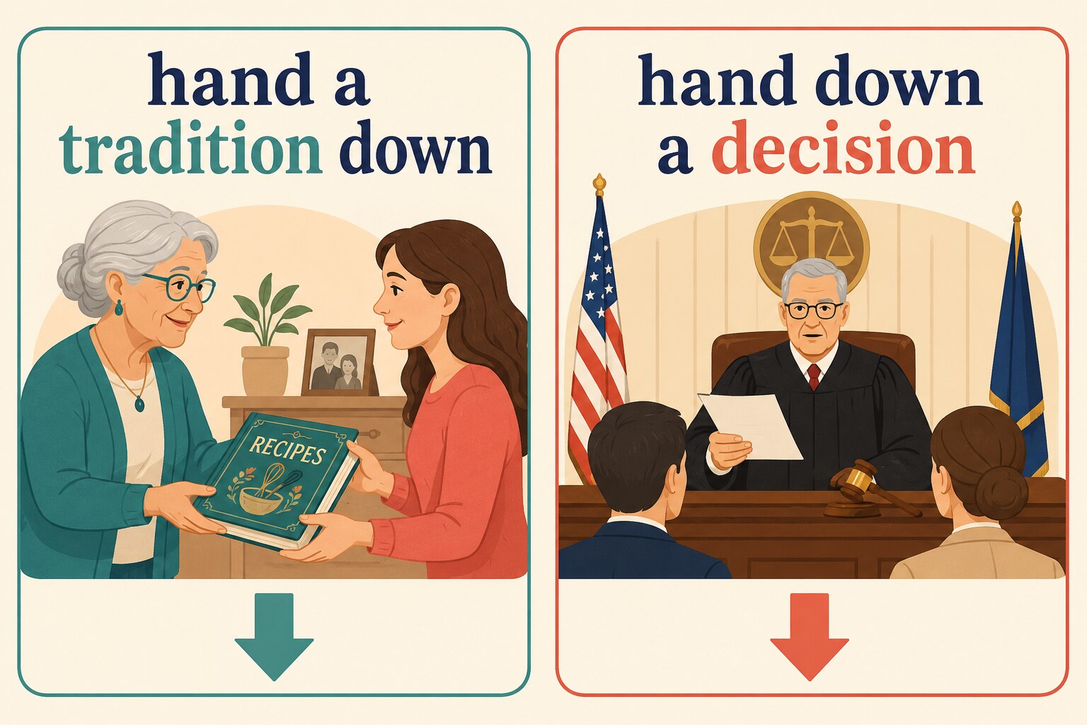 hand a tradition downとhand down a decisionの違いを示す図