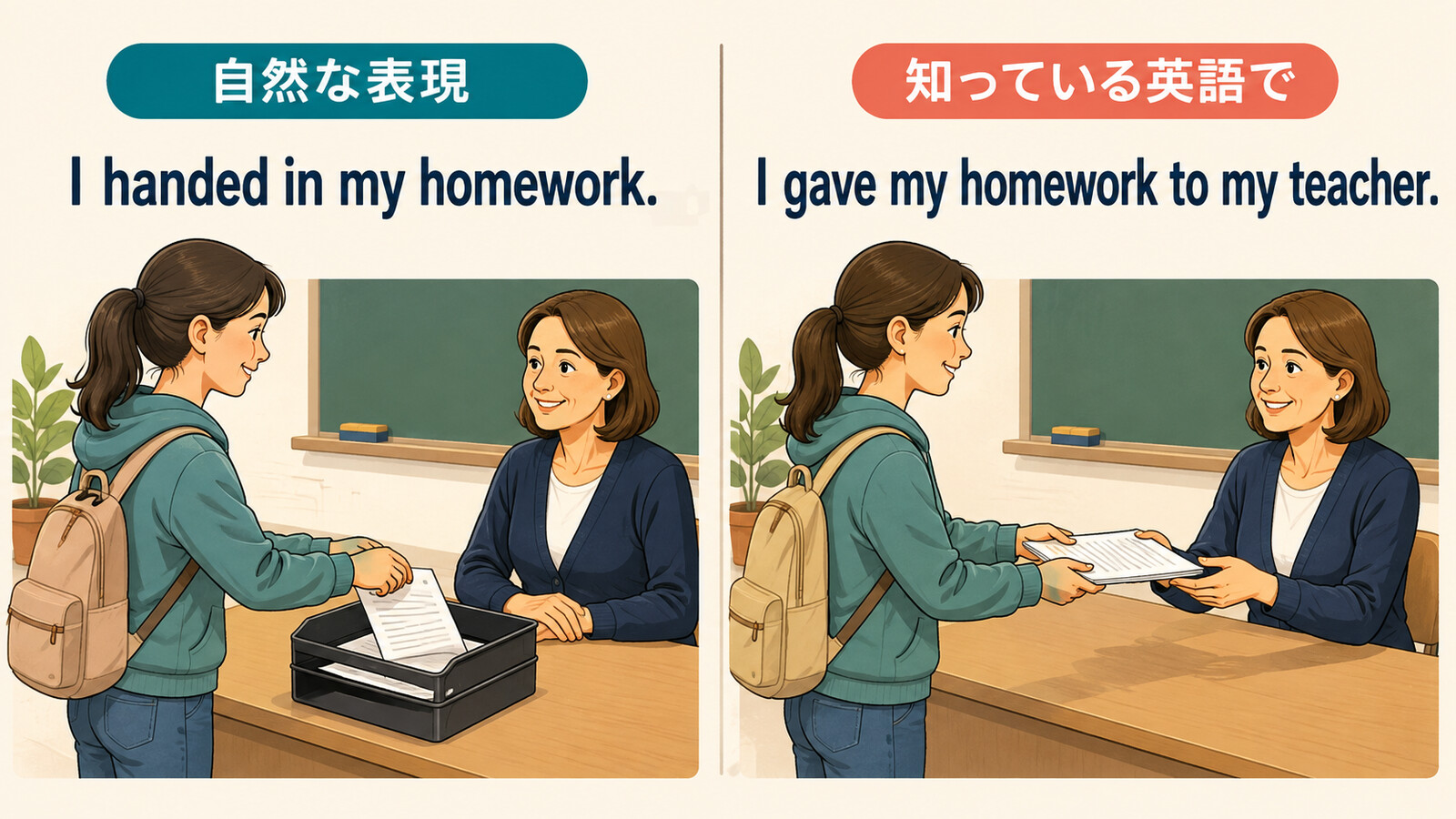 I handed in my homeworkをI gave my homework to my teacherと言い換える解説イラスト