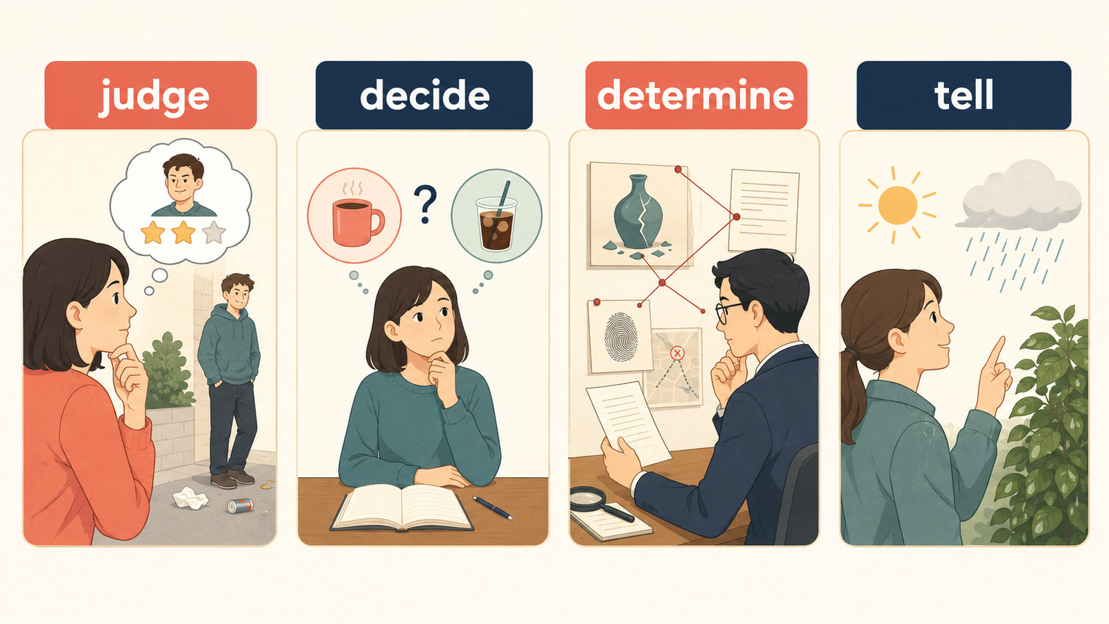 判断するを表すjudge・decide・determine・tellの使い分け