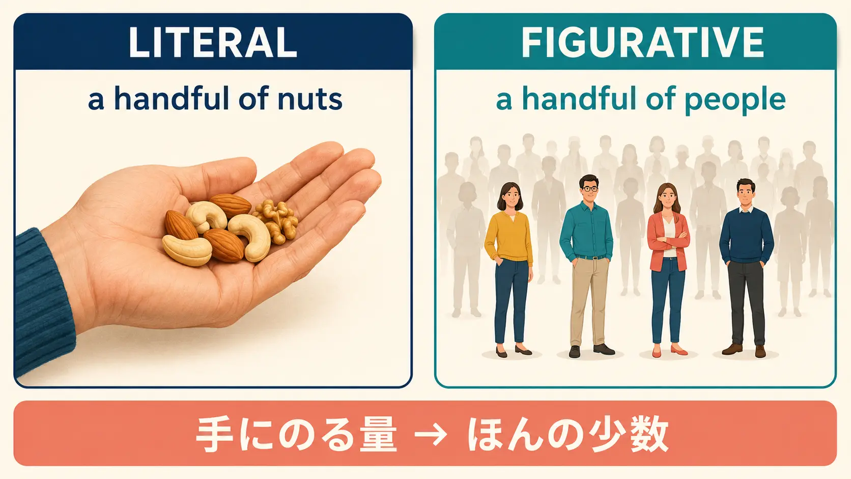 a handful ofの文字通りの意味と比喩的な少数の意味を比較する図解