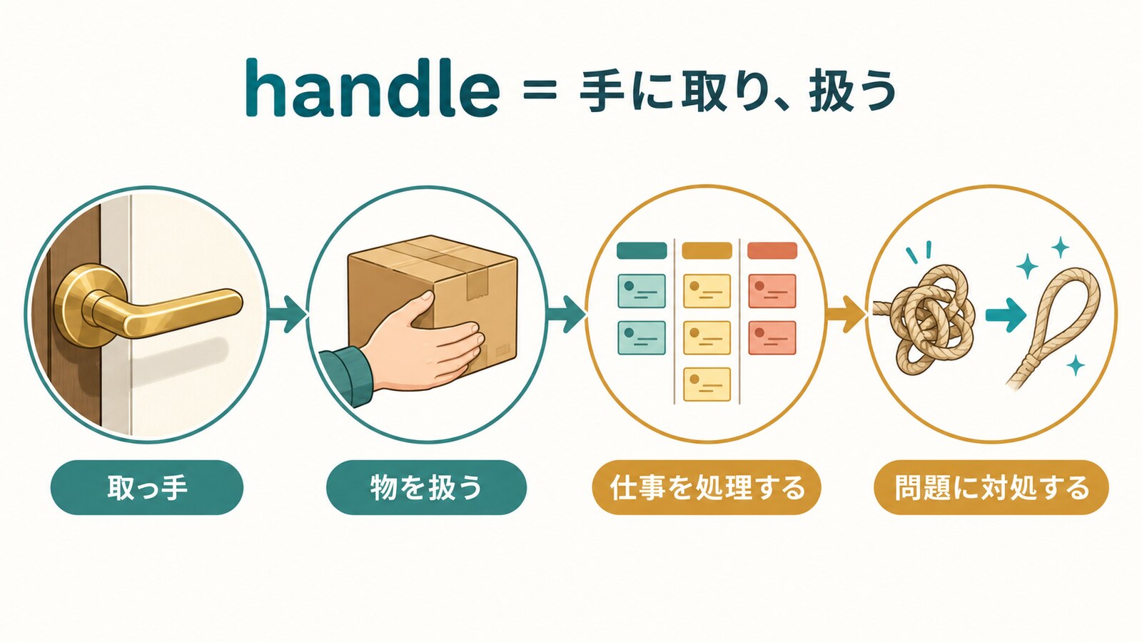 handleが取っ手・物を扱う・仕事を処理する・問題に対処するへ広がる図