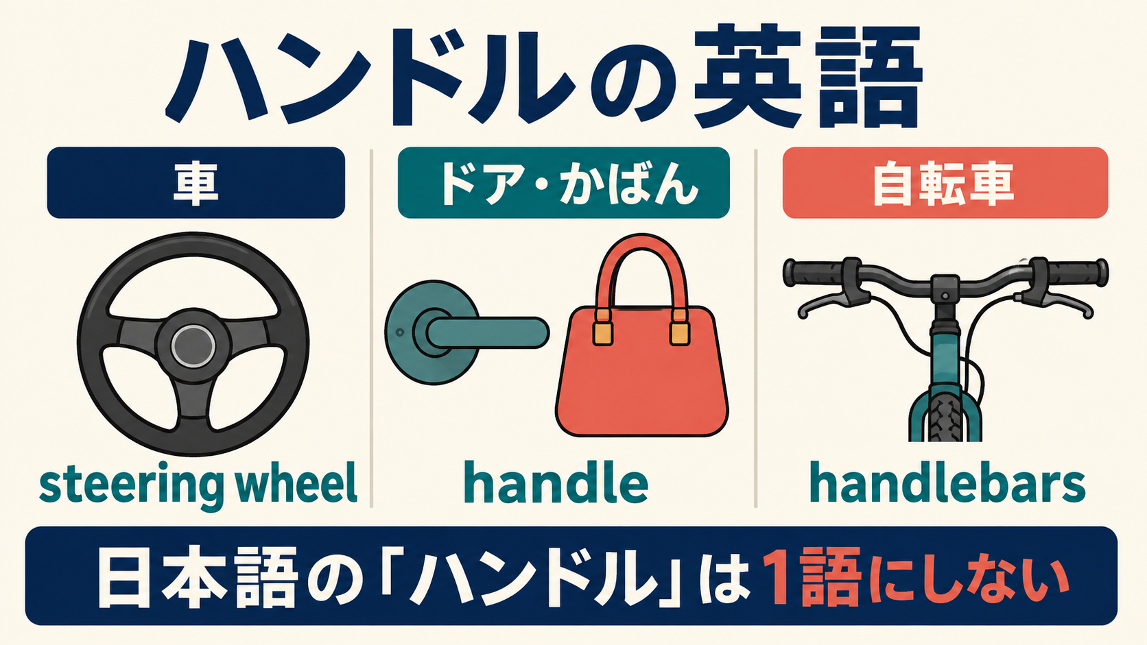 車はsteering wheel、ドアとかばんはhandle、自転車はhandlebars