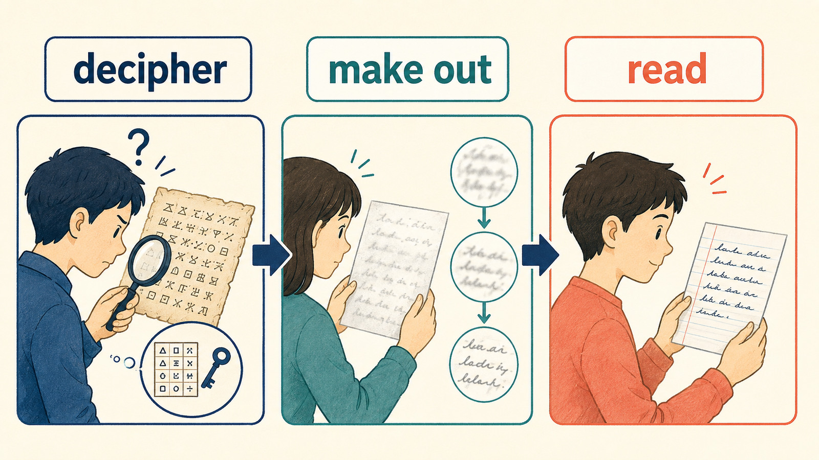 decipher・make out・readの違いを示すイラスト