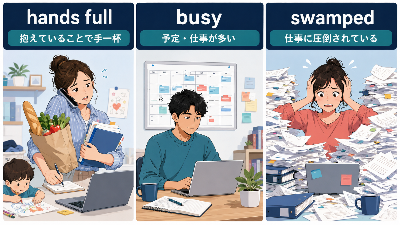 have one’s hands full・busy・swampedのニュアンス比較