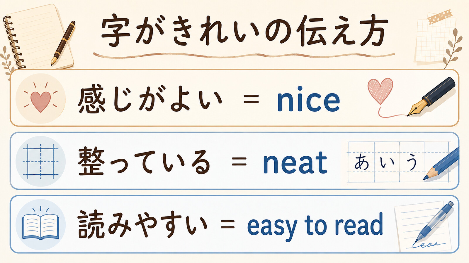 字がきれいを表す nice、neat、easy to read の違い