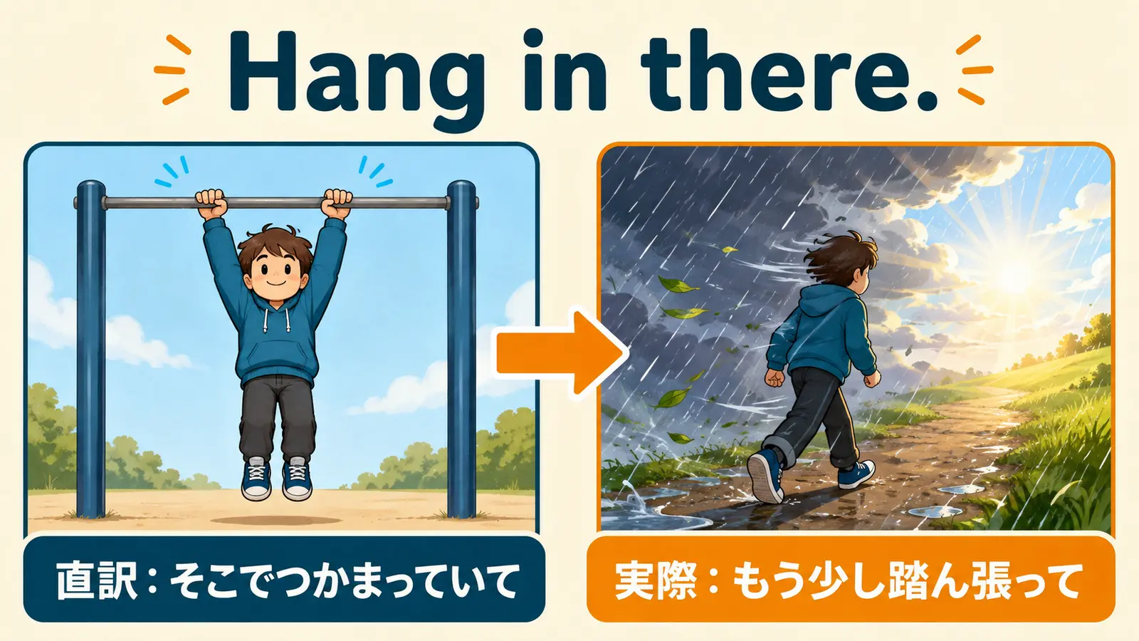 Hang in there.の直訳と「もう少し踏ん張って」という実際の意味を比べるイラスト