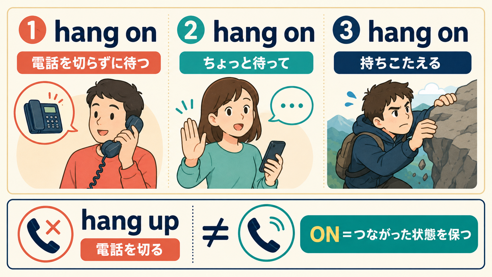 hang onの電話で待つ・ちょっと待つ・持ちこたえるの3つの意味とhang upとの違い
