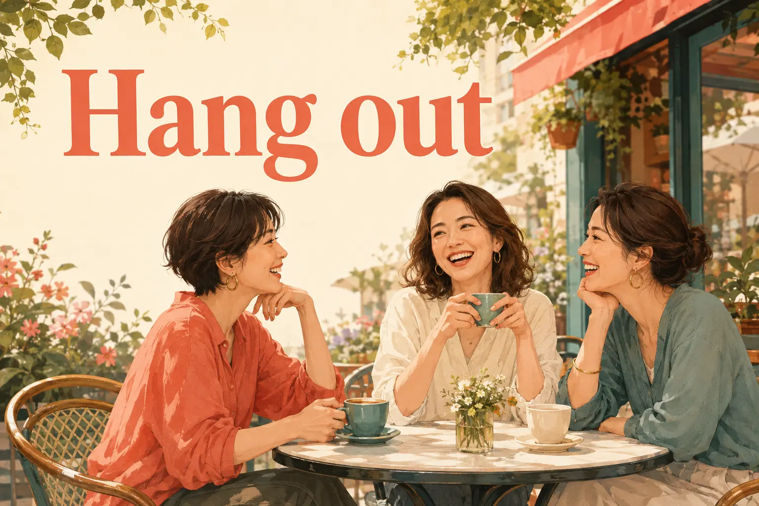 Hang outの意味を、カフェで友達とくつろぐ場面で表したアイキャッチ