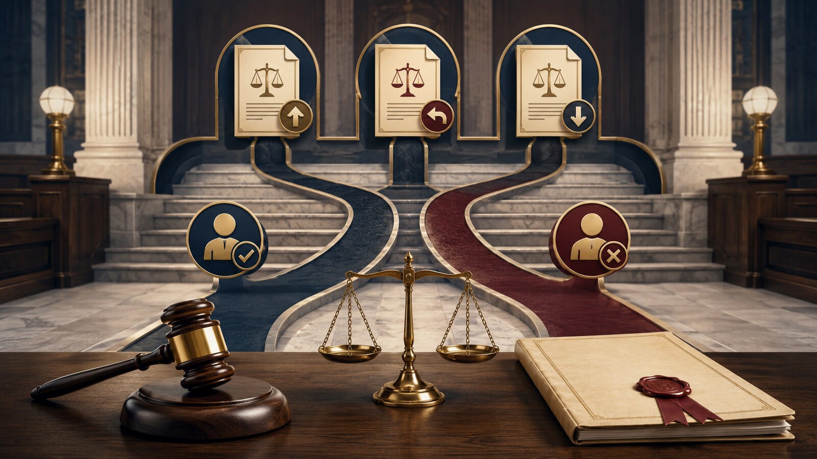 判決・有罪無罪・控訴・上告と上級審の判断を表す法律英語のイメージ