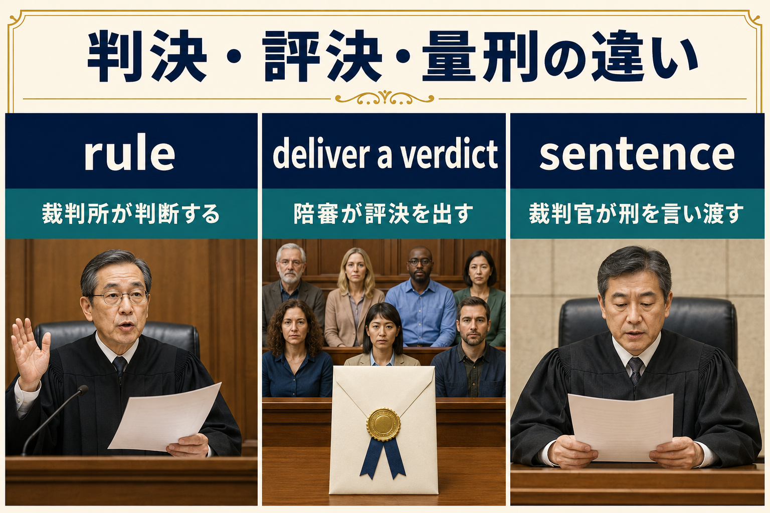 rule・deliver a verdict・sentenceの違い