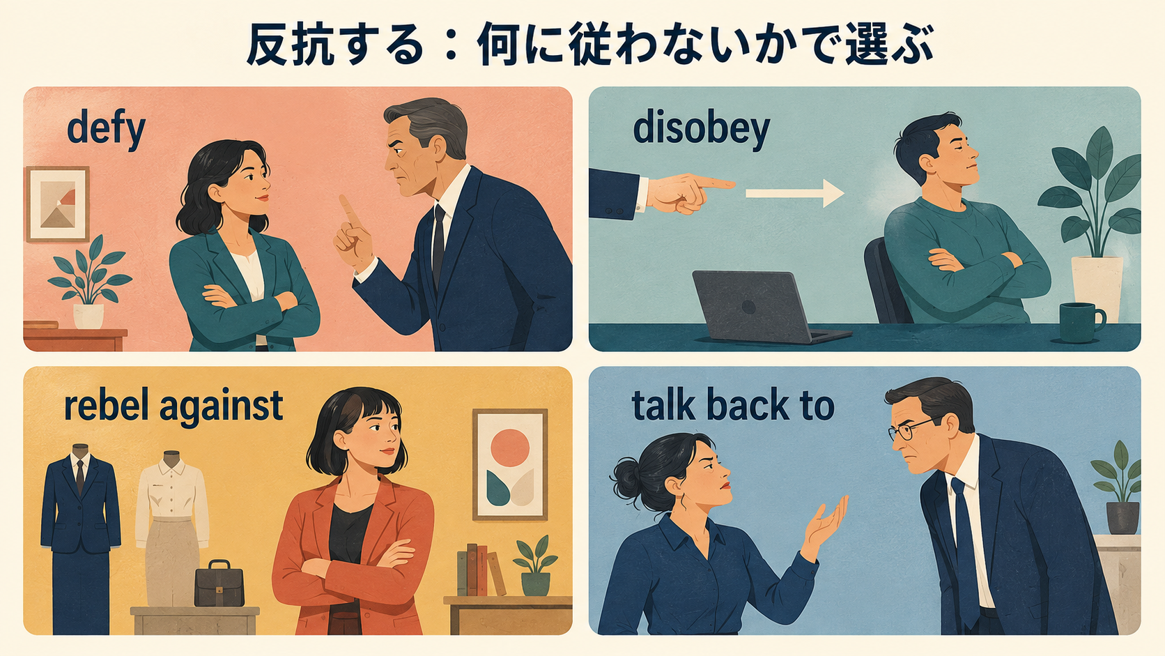 defy・disobey・rebel against・talk back toの違い
