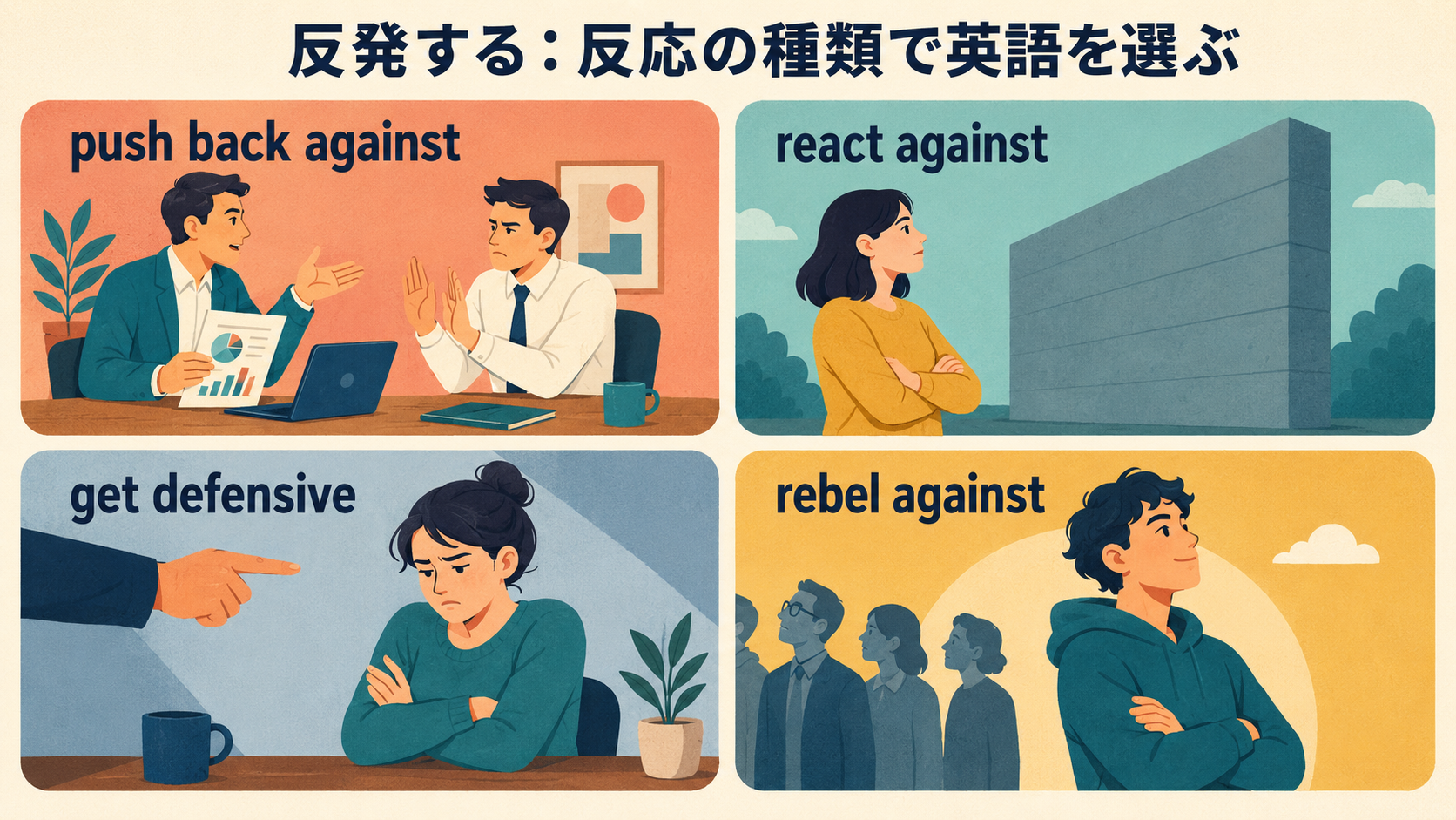 push back against・react against・get defensive・rebel againstの違い