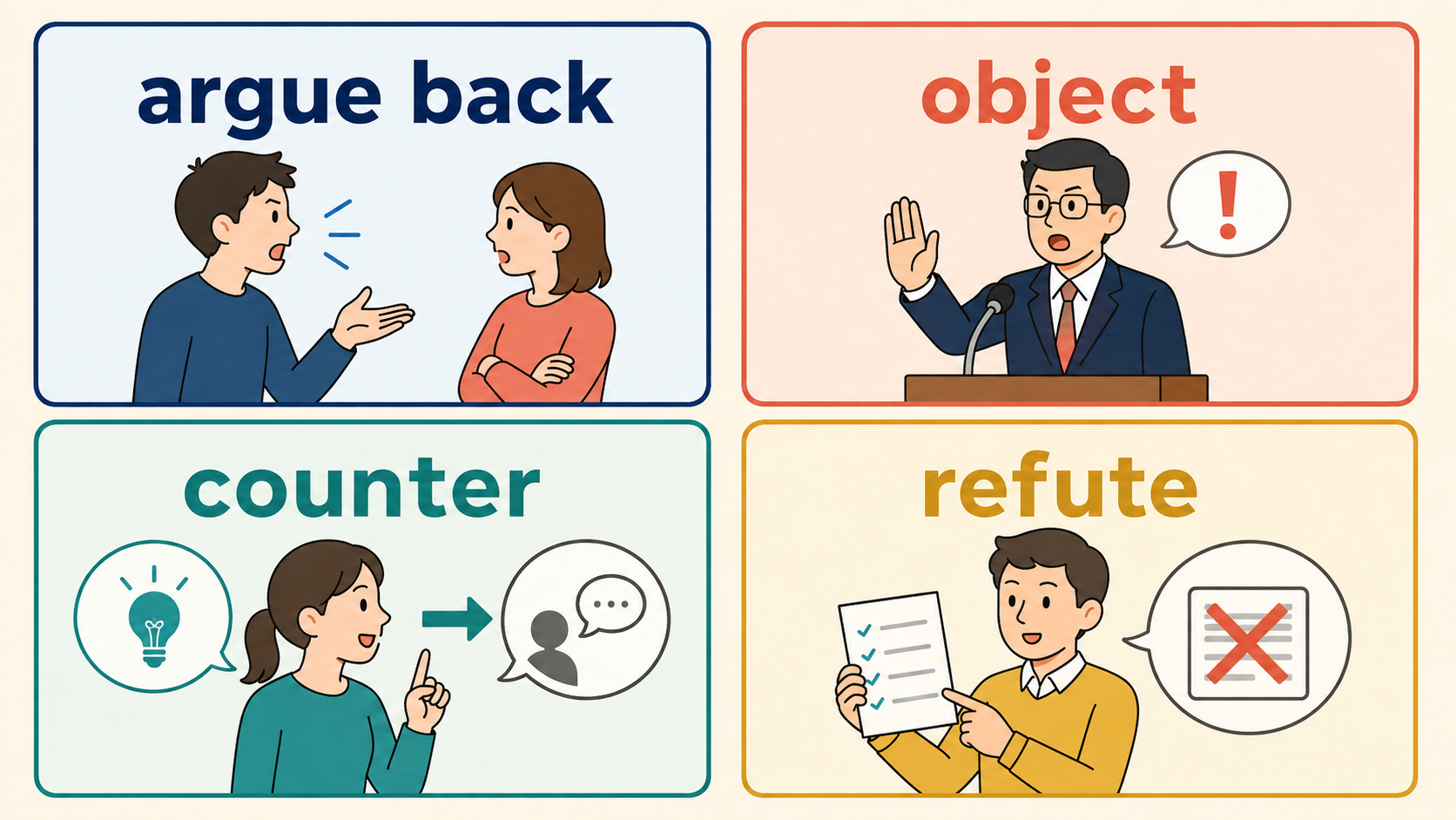 argue back・object・counter・refuteの使い分け