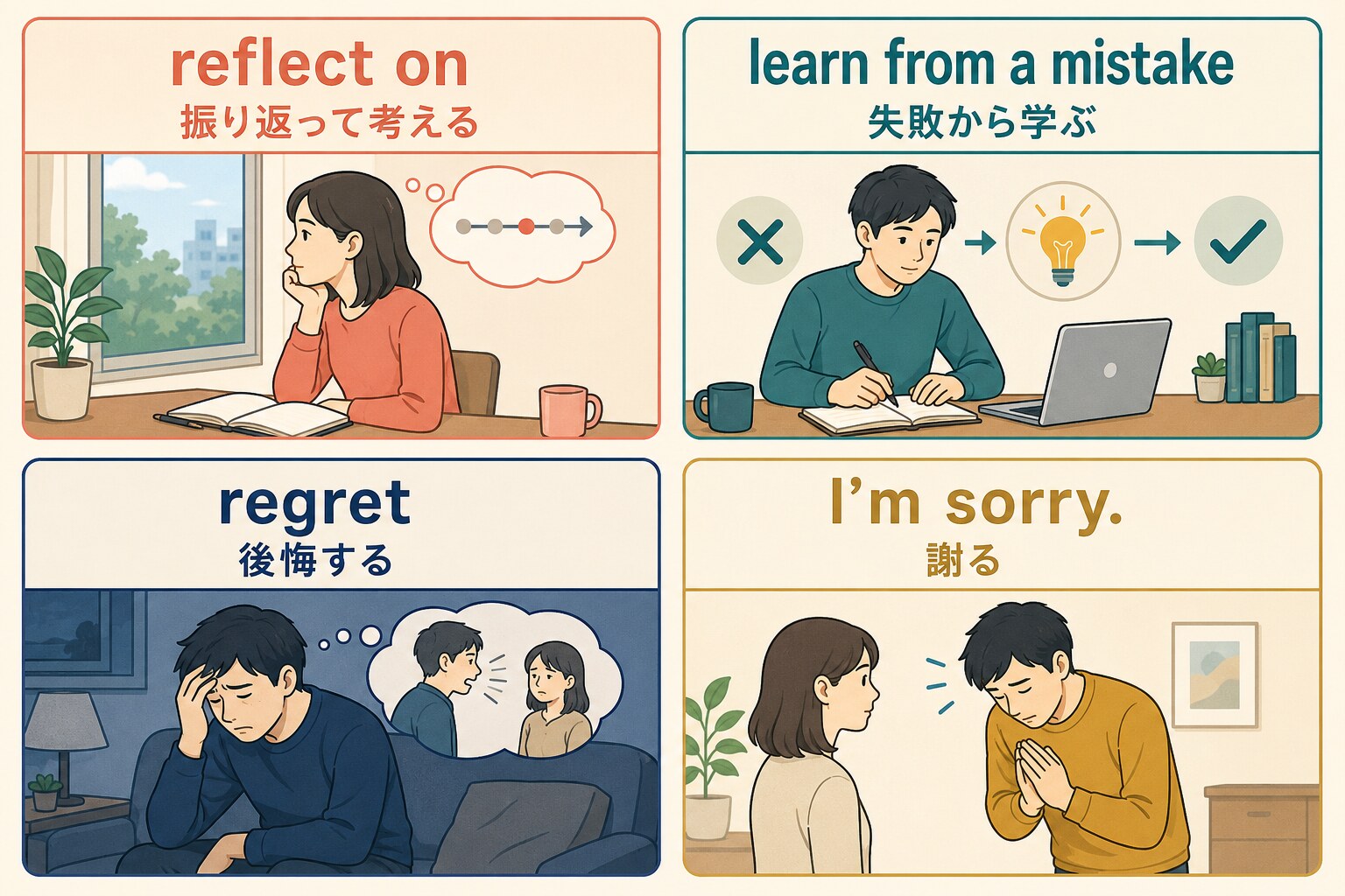reflect on・learn from a mistake・regret・I'm sorryの違い
