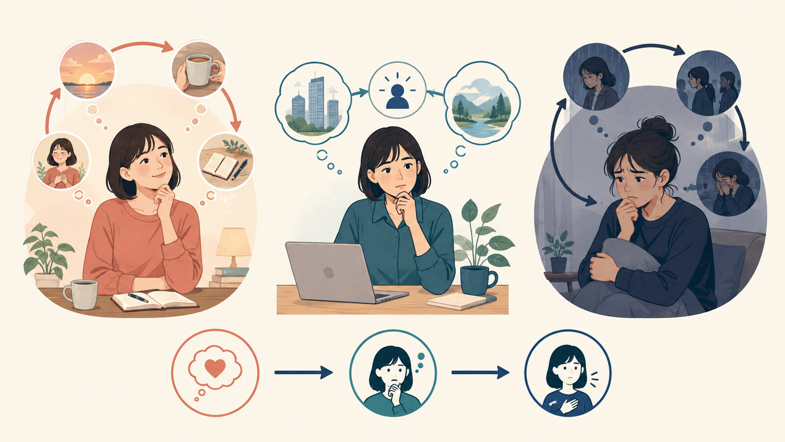 穏やかに振り返る・検討する・嫌なことを引きずる違いのイラスト