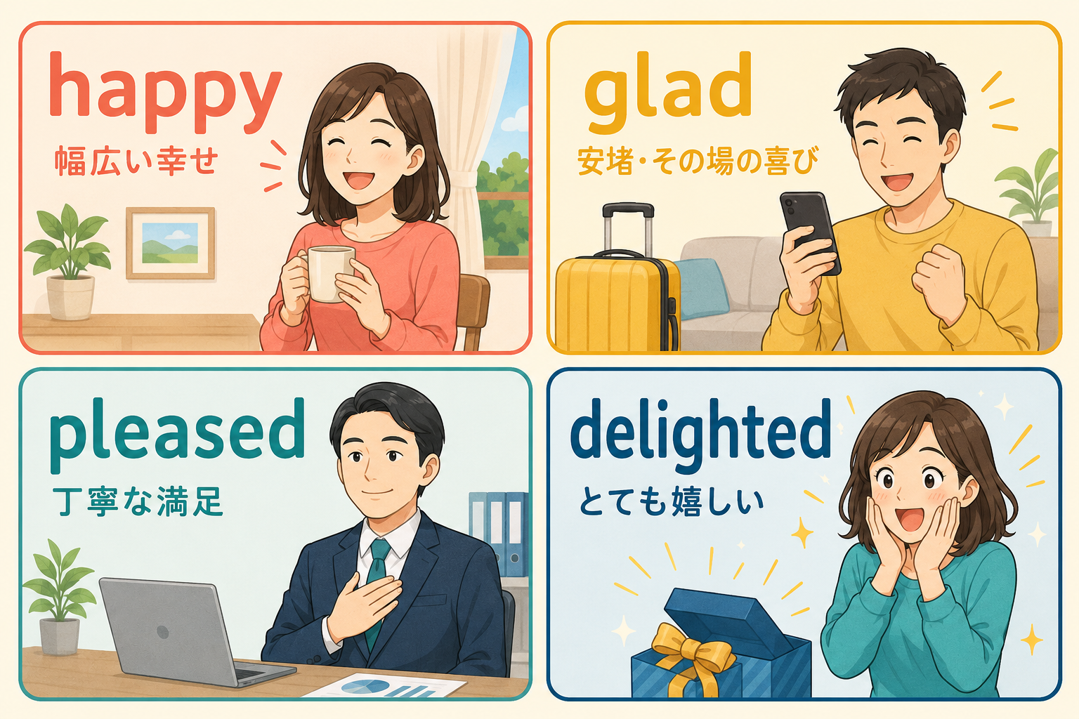 happy・glad・pleased・delightedの使い分け比較図