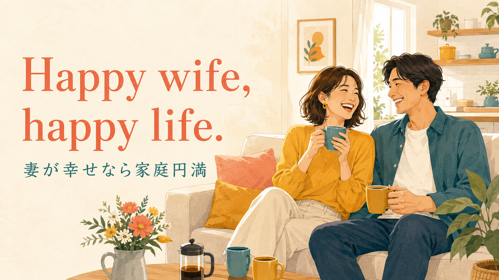 Happy wife, happy life.（妻が幸せなら家庭円満）の意味を示すアイキャッチ