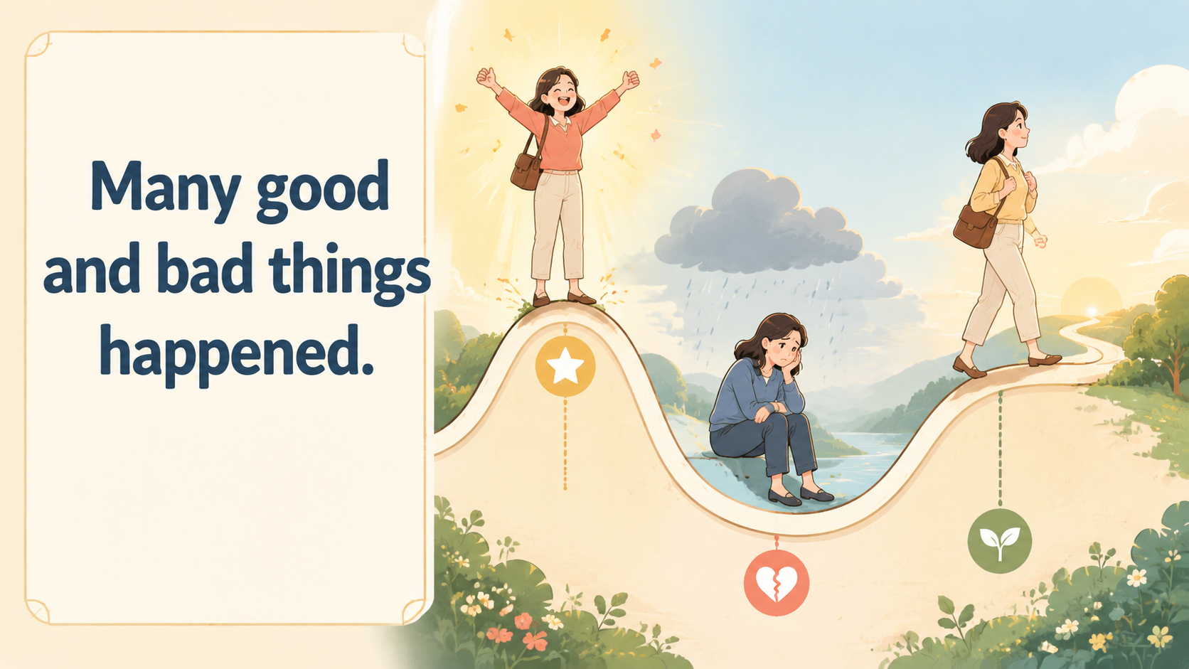 波瀾万丈を簡単な英語 Many good and bad things happened. で表すイラスト